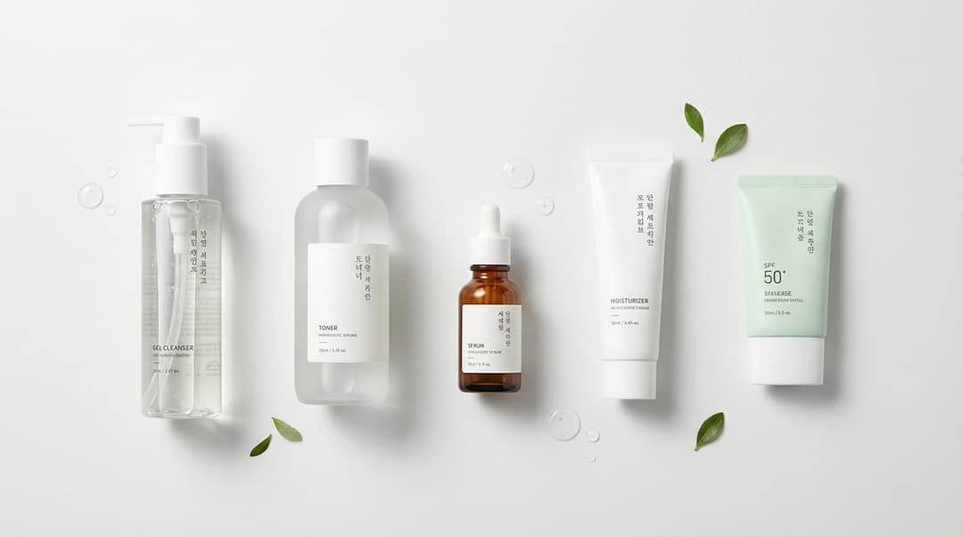 Flatlay of five minimalist Korean skincare products representing cleanser, toner, serum, moisturizer, and sunscreen.
