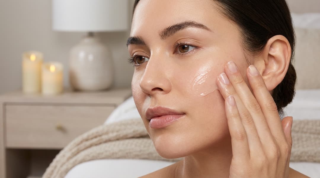 Close-up of a woman with perfect skin applying a thin layer of ointment to her cheek as part of slugging.