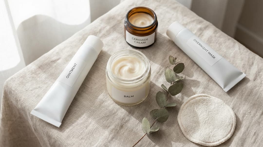 Flatlay of various slugging products including balm, petrolatum ointment, rich cream, and sleeping mask on a neutral background.