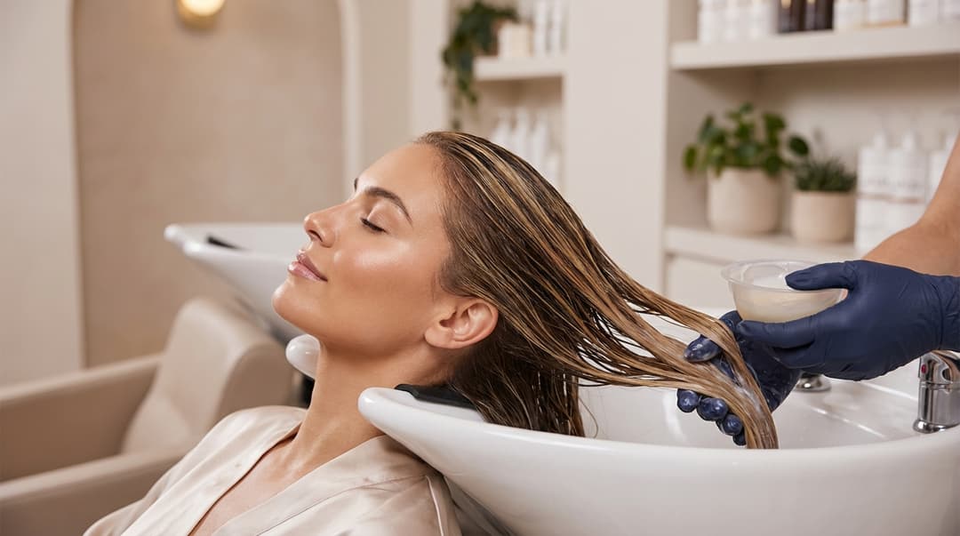 Woman with glowing skin and highlighted hair receiving an Olaplex treatment at a salon sink