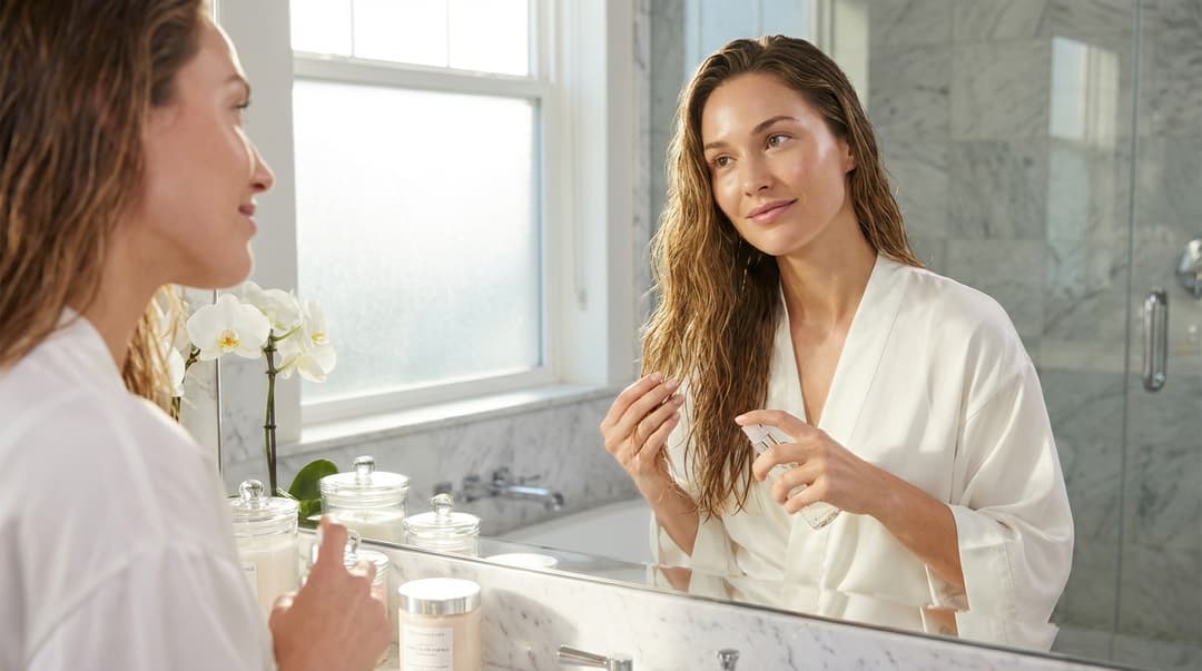 Woman with glowing skin applying an at-home bond-building hair treatment in a bright bathroom