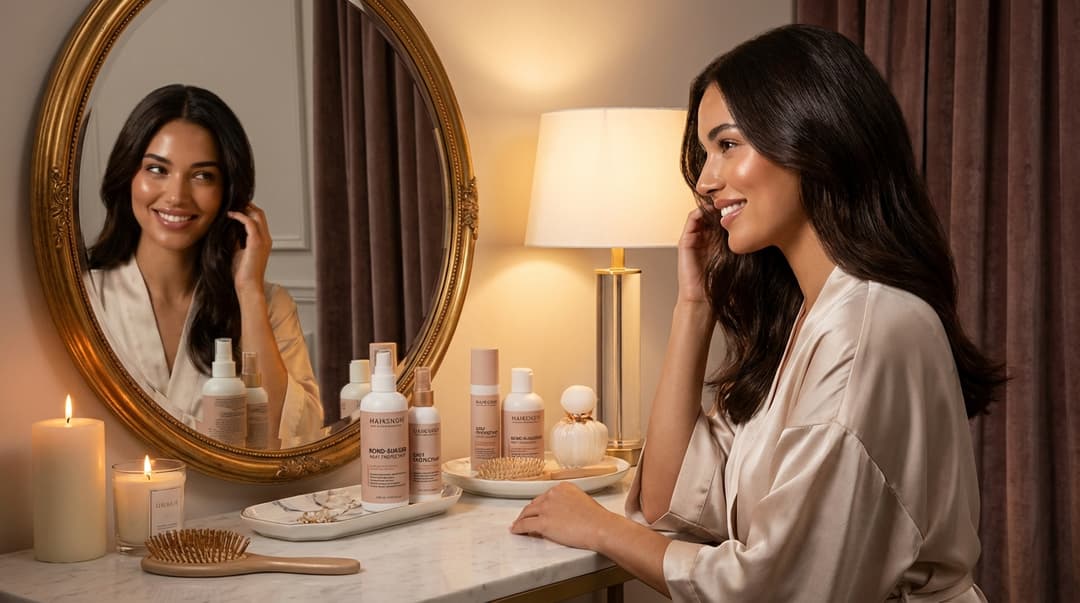 Woman with radiant skin admiring her healthy hair in a mirror at a chic vanity