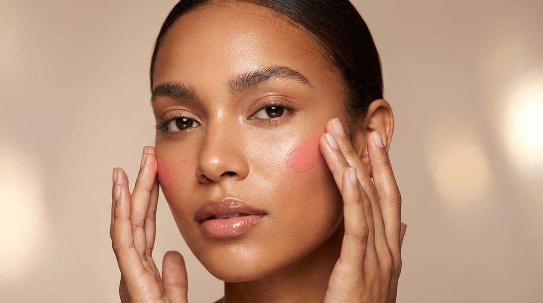 Close-up of woman with dewy skin applying cream blush to her cheeks for a soft, natural look