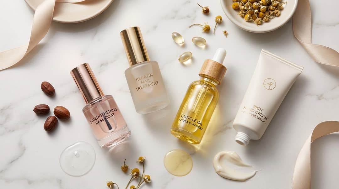 Flatlay of nail strengthening products including cuticle oil, base coat, and keratin treatment