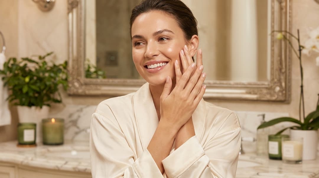Beautiful woman looking at her healthy nails in a bathroom mirror