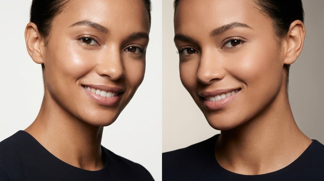 Beautiful woman comparing dewy cream makeup finish and matte powder makeup finish