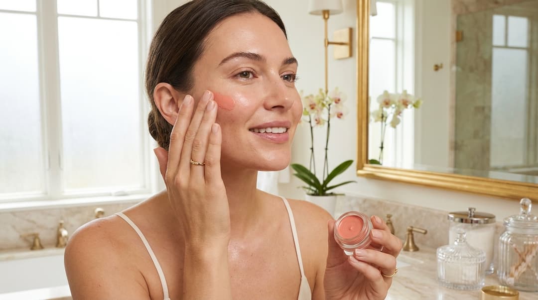 Beautiful woman applying cream blush in soft light with glowing hydrated skin