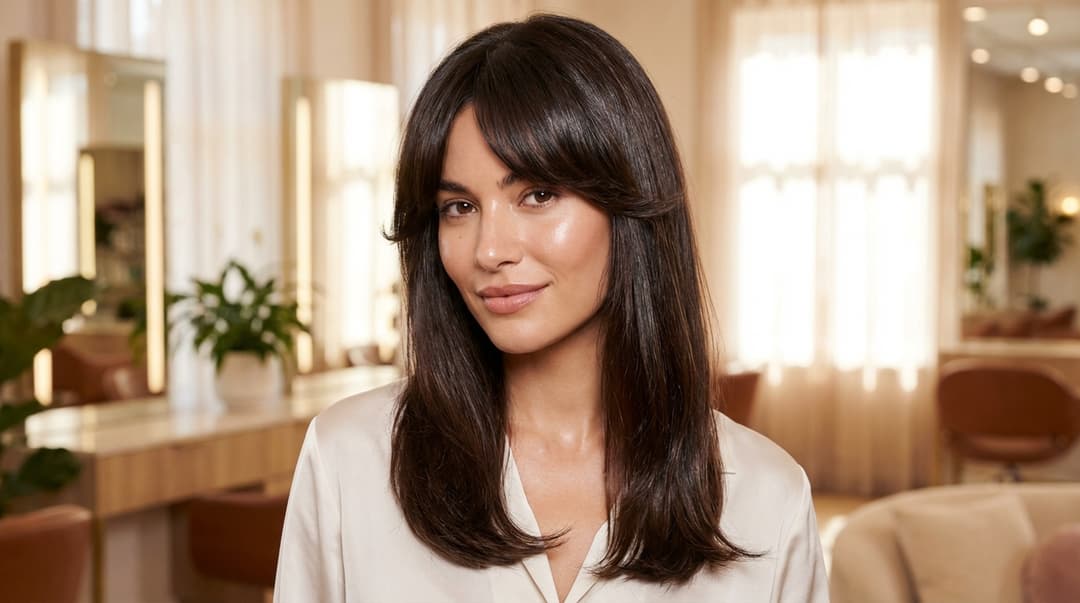 Close-up of a woman with voluminous curtain bangs and lifted roots