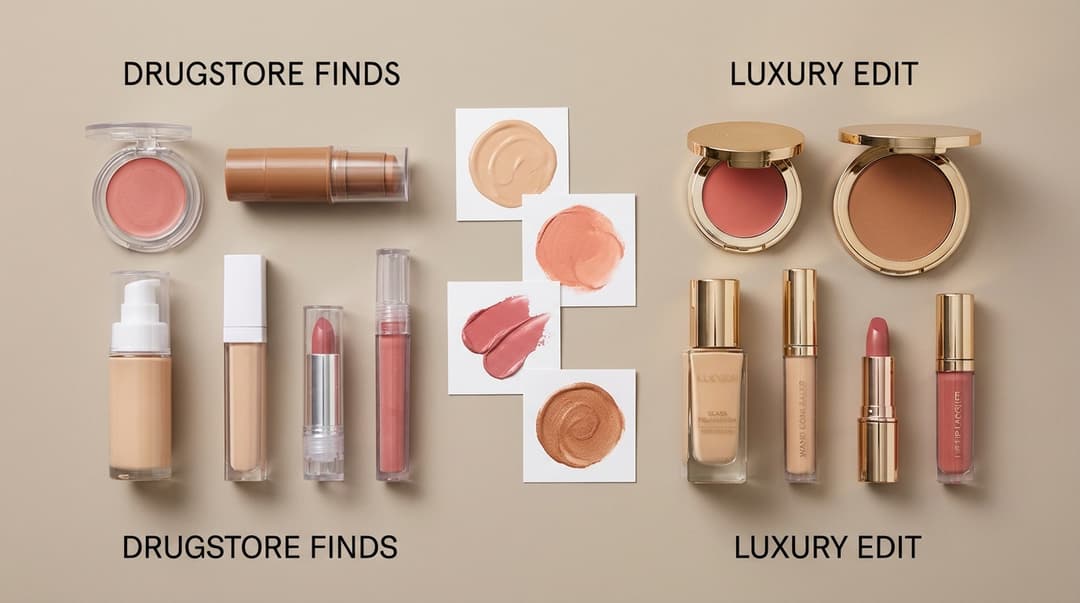 Flatlay of drugstore and high-end makeup dupes with blush and bronzer swatches