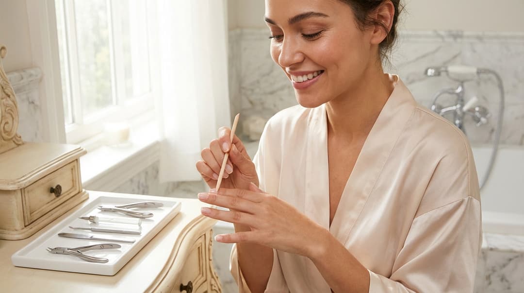 Beautiful woman prepping her nails by pushing back cuticles at a vanity