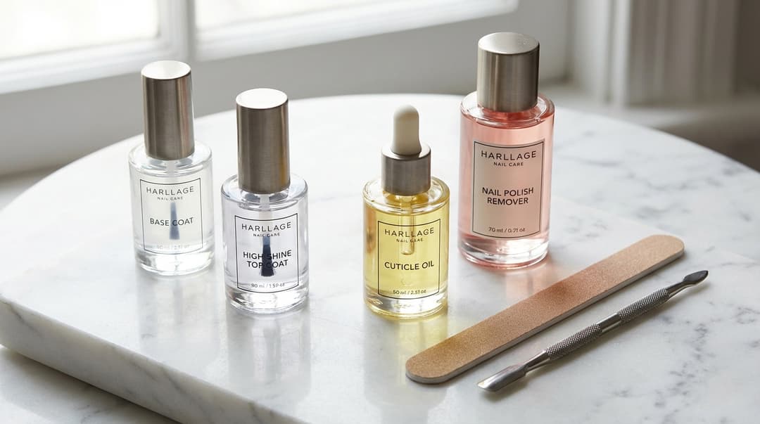 Flatlay of base coat, top coat, cuticle oil, and manicure tools on marble
