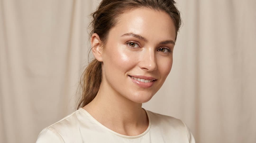 Close-up of a woman with dewy glazed skin and soft natural makeup