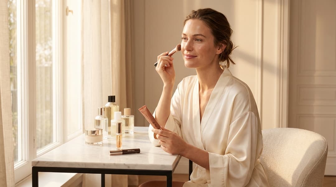 Beautiful woman applying tinted sunscreen with hybrid beauty products on a vanity