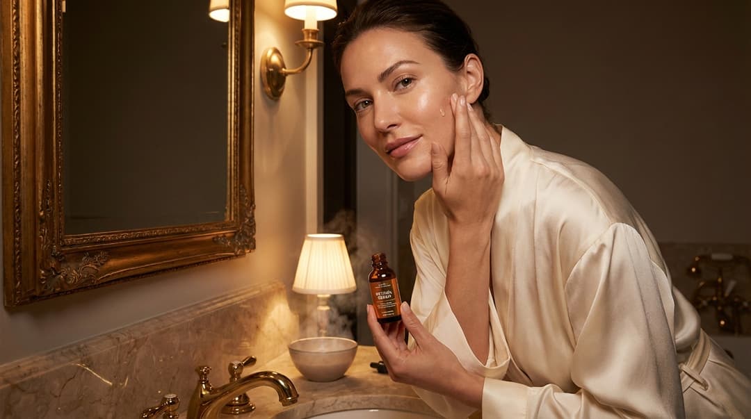 Beautiful woman applying retinol serum in a softly lit bathroom