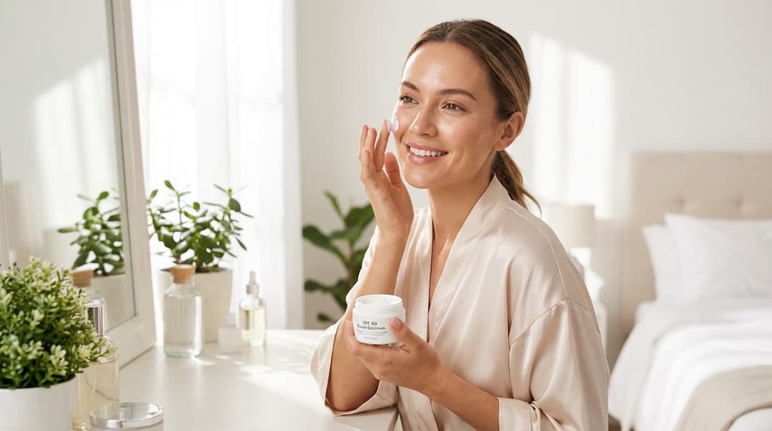 Beautiful woman applying sunscreen in soft morning light