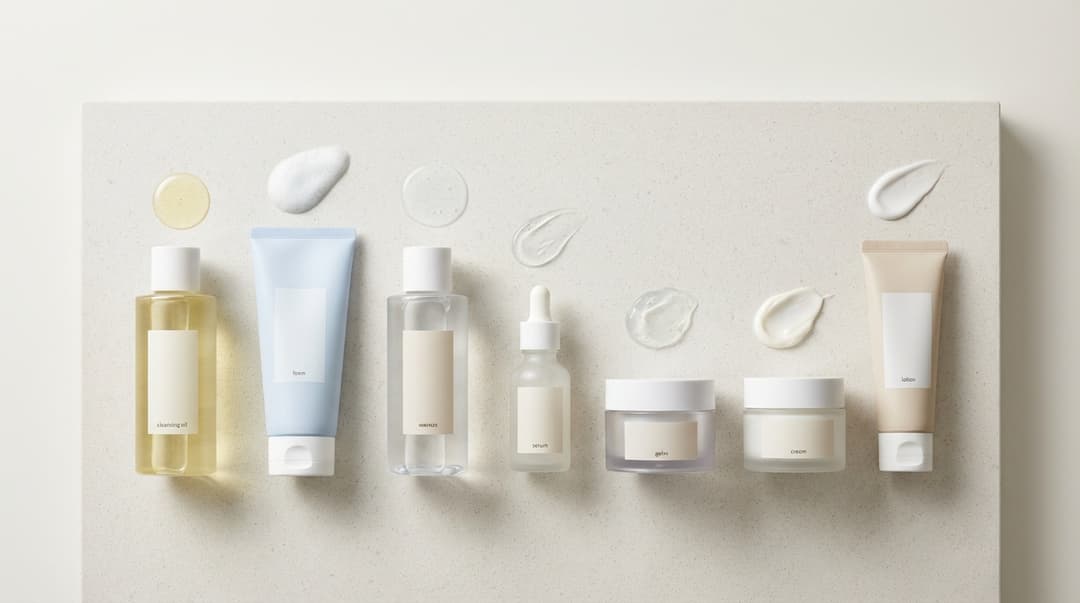 Flatlay of beginner Korean skincare products arranged in routine order with texture swatches