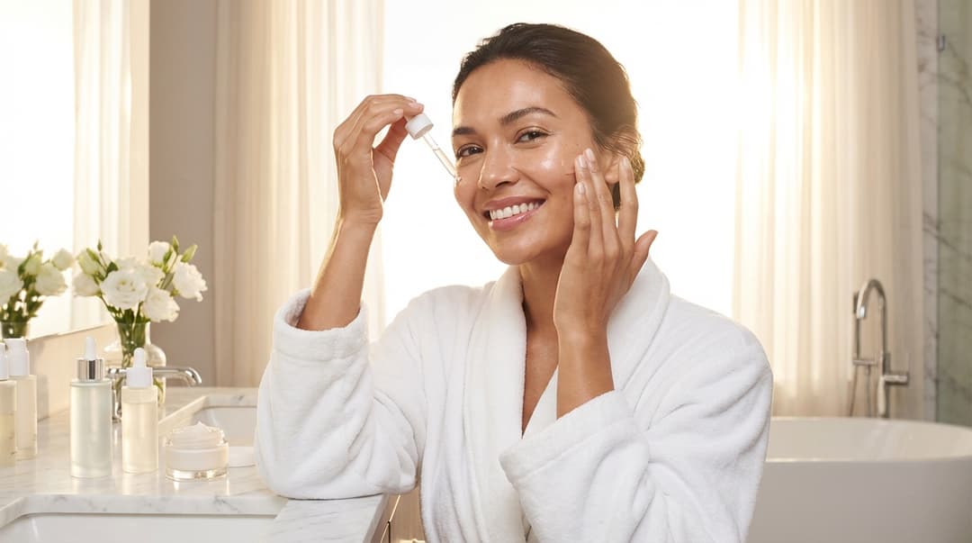 Beautiful woman with glowing skin applying hydrating serum in a bright bathroom