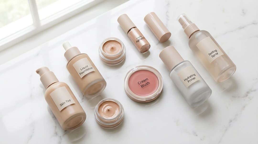 Flatlay of dewy makeup products including skin tint, concealer, cream blush, and highlighter