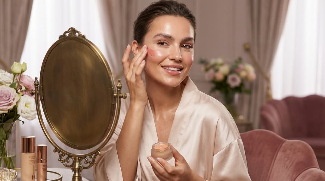 Beautiful woman applying dewy makeup at a vanity mirror