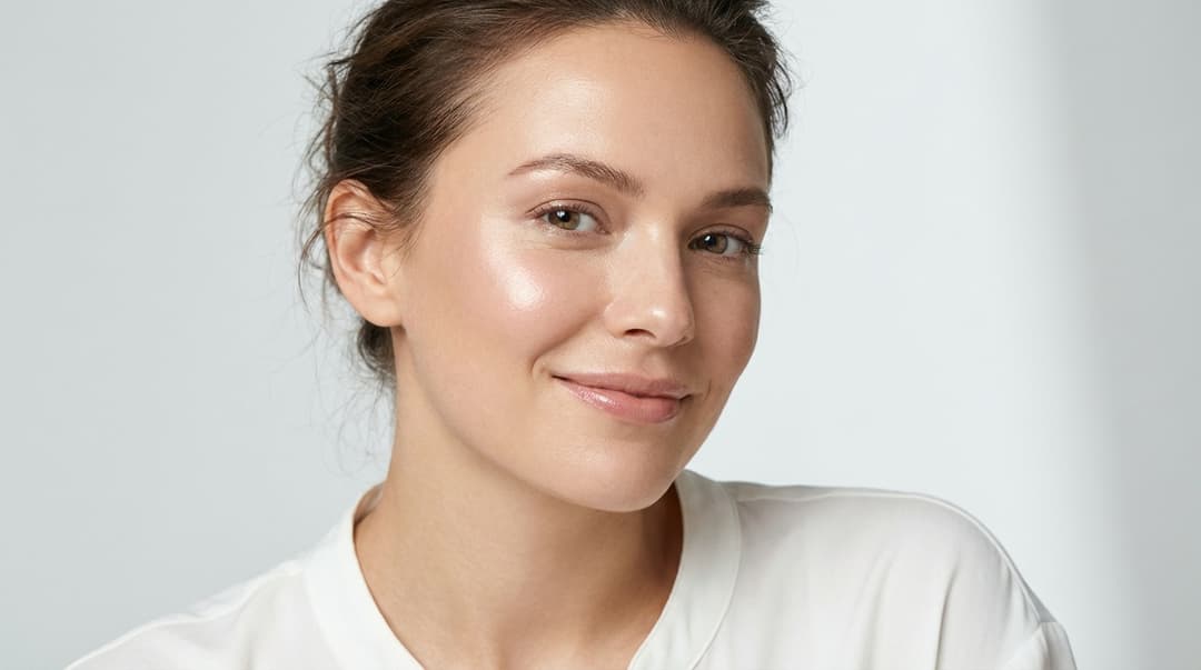 Close-up of a woman with balanced dewy makeup and softly set skin