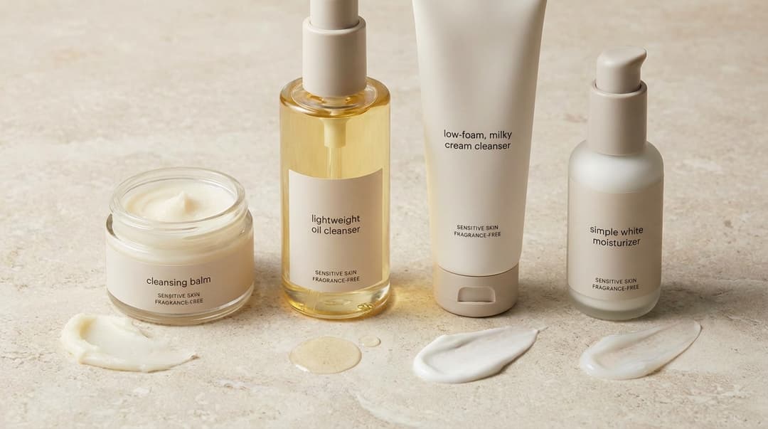 Gentle skincare products and texture swatches for a non-irritating double cleanse routine