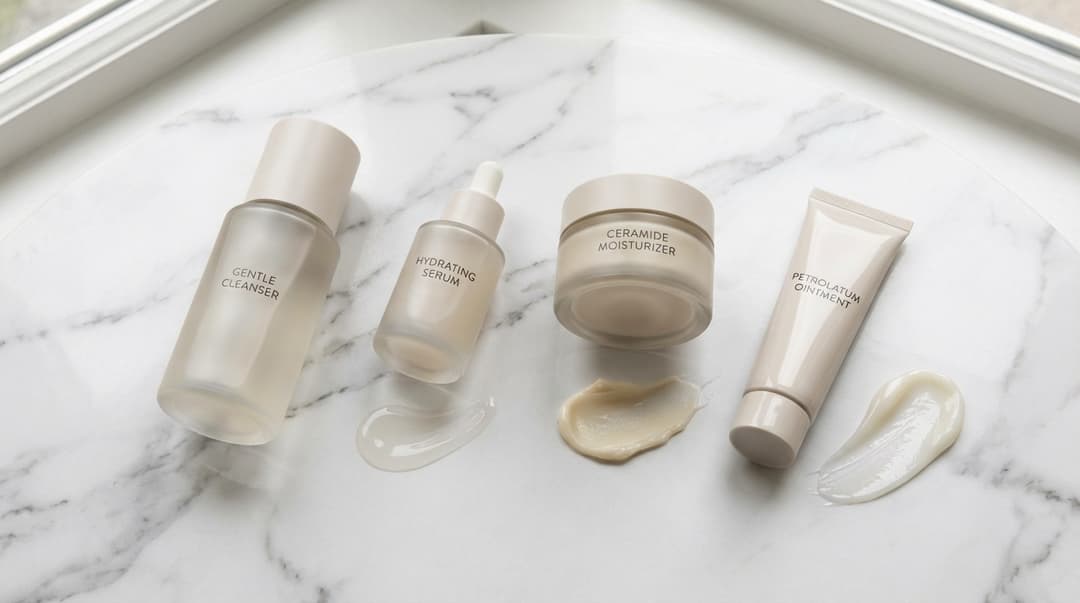 Flatlay of cleanser, serum, moisturizer, and occlusive ointment used for slugging