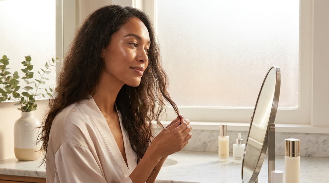 Beautiful woman with glowing skin looking at slightly frizzy hair in a mirror