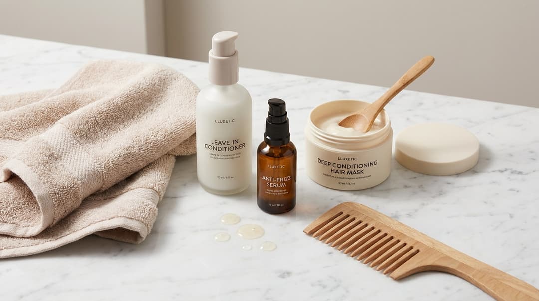 Flatlay of leave-in conditioner, anti-frizz serum, and deep conditioning mask for frizzy hair