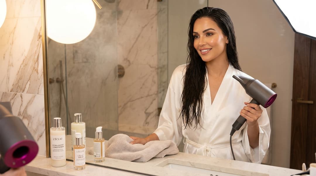 Beautiful woman styling hair with anti-frizz products in a luxurious bathroom