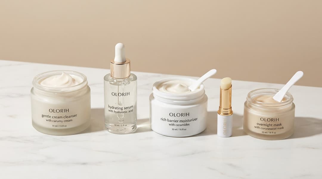 Flatlay of nighttime skincare products including cleanser serum moisturizer and lip balm