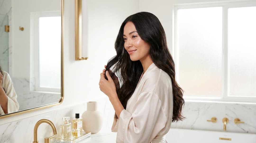 Beautiful woman with glowing skin examining her shiny hair in a bathroom mirror