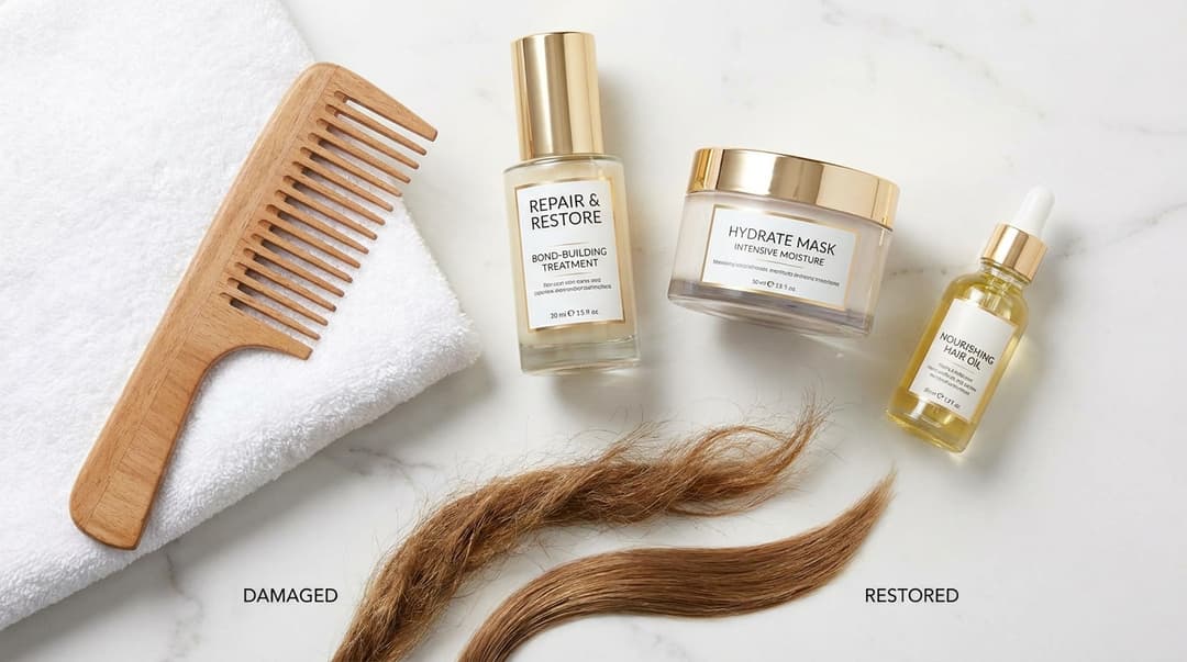 Flatlay of bond-building hair treatment, hair mask, comb, and oil on marble surface