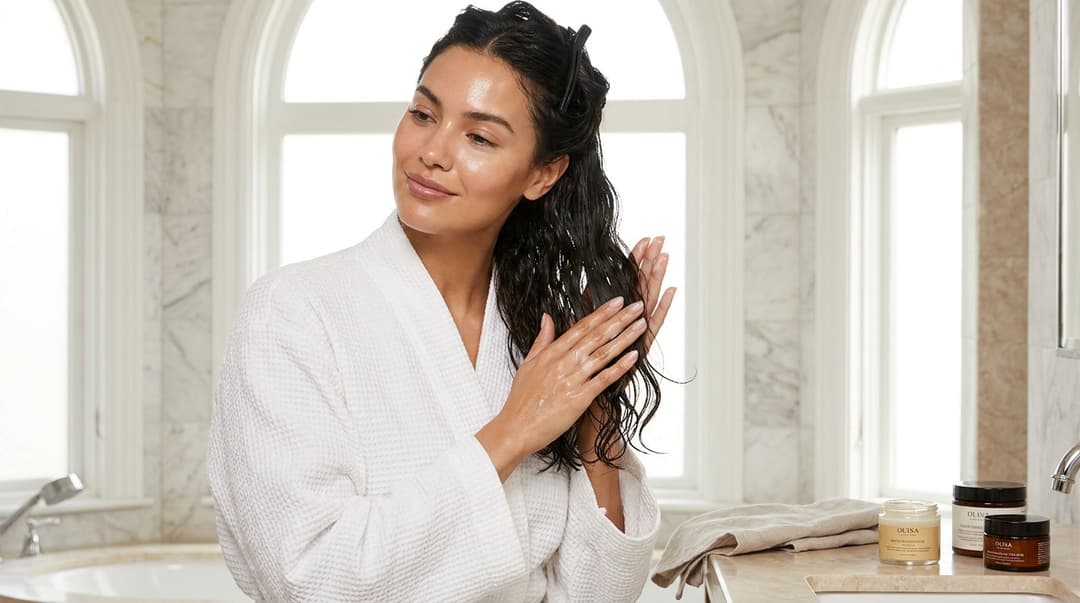Beautiful woman applying hair treatment to damp hair in a bright bathroom