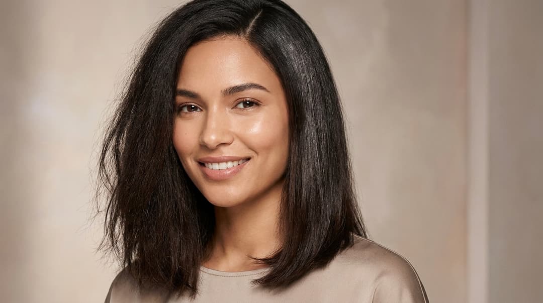 Close-up of woman with glowing skin and a comparison of frizzy versus smoother shiny hair