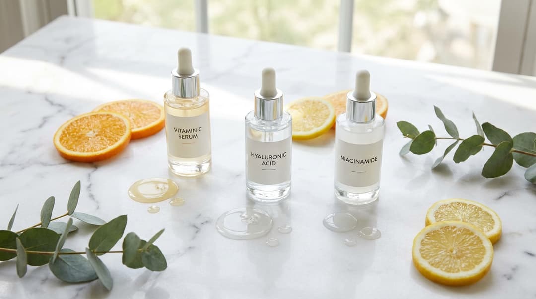 Flatlay of vitamin C, hyaluronic acid, and niacinamide serums