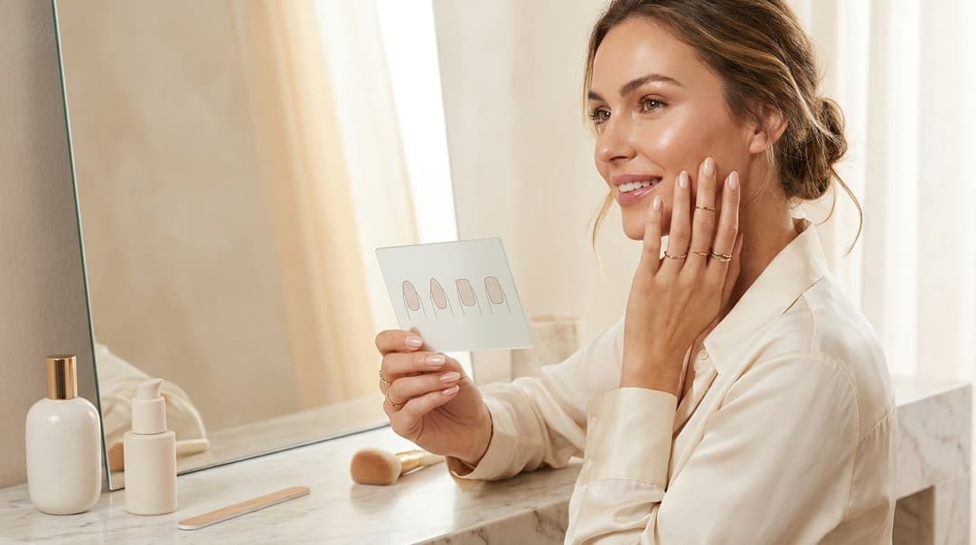 Beautiful woman at a vanity comparing different nail shapes on her hands