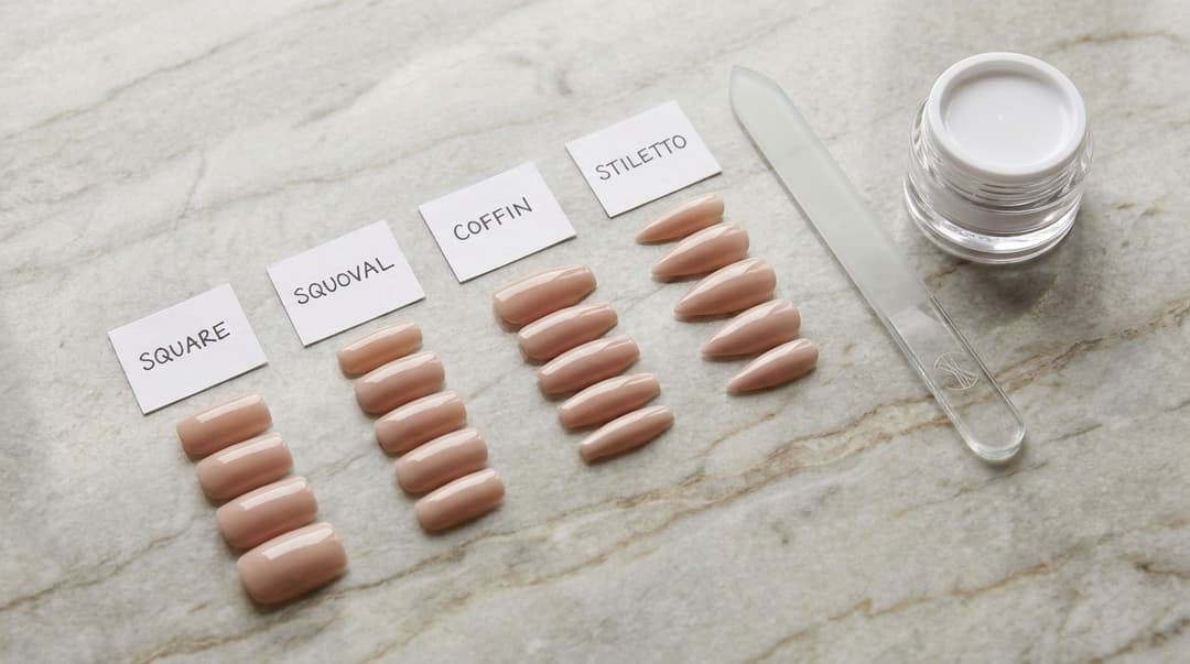 Flatlay comparing square, squoval, coffin, and stiletto nail shapes with nail tools