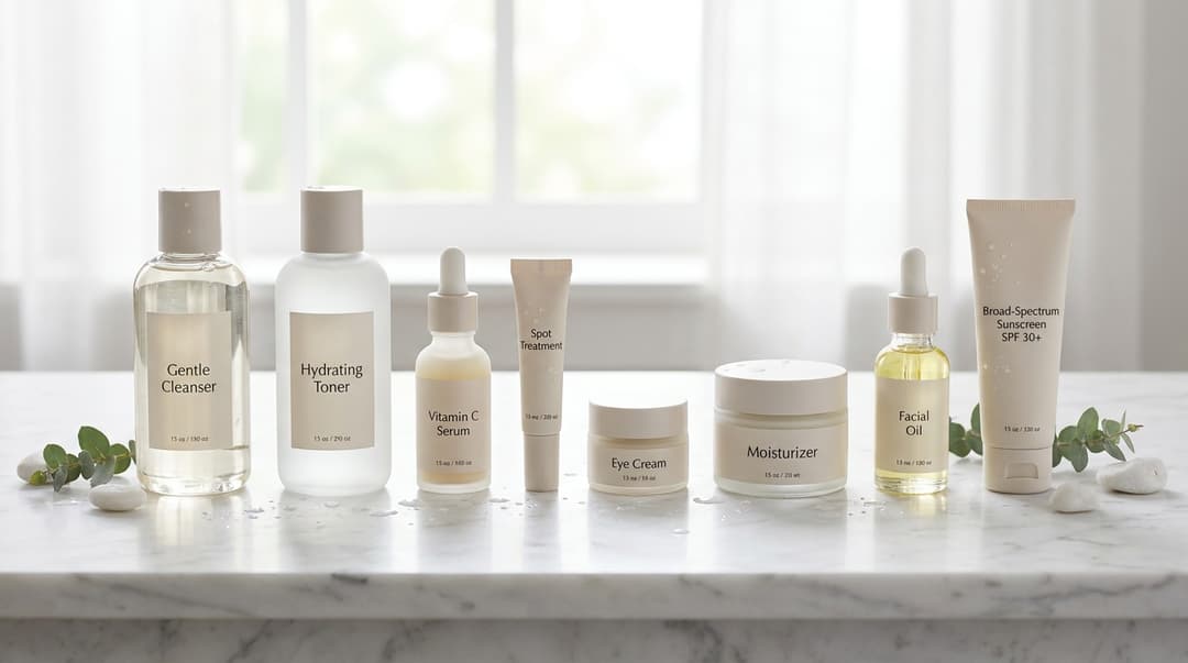 Flatlay of skincare products arranged in the correct order from cleanser to sunscreen