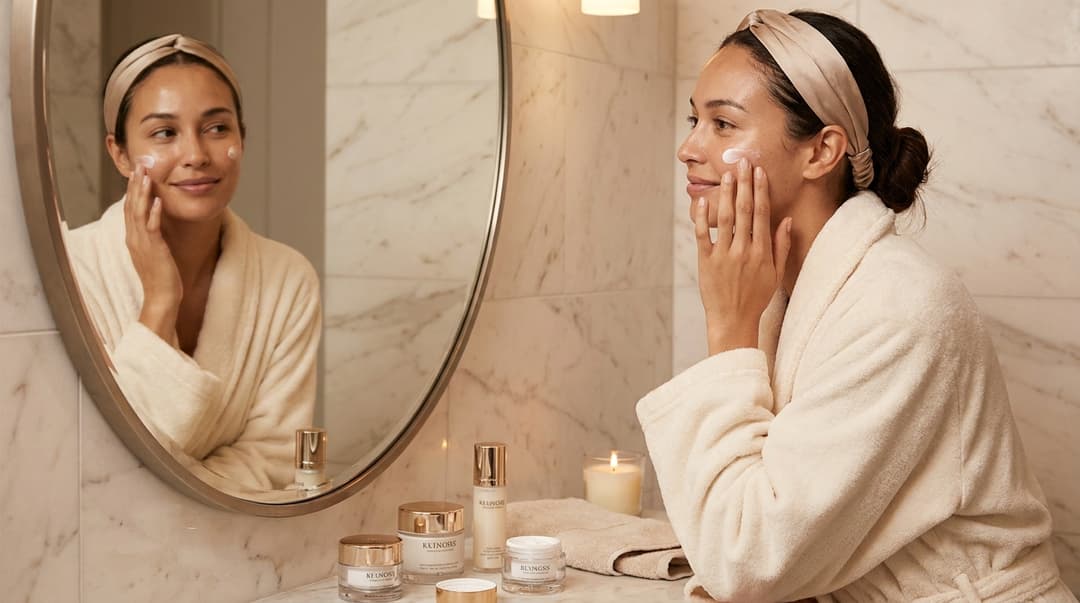 Beautiful woman applying nighttime moisturizer in front of a mirror