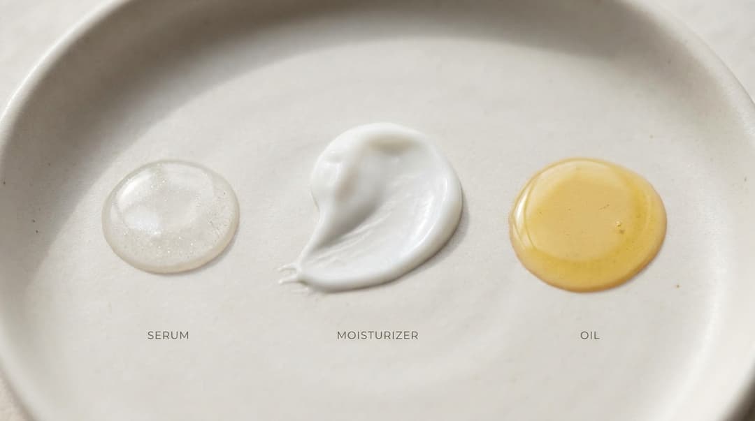 Texture comparison of serum, moisturizer, and facial oil in layering order