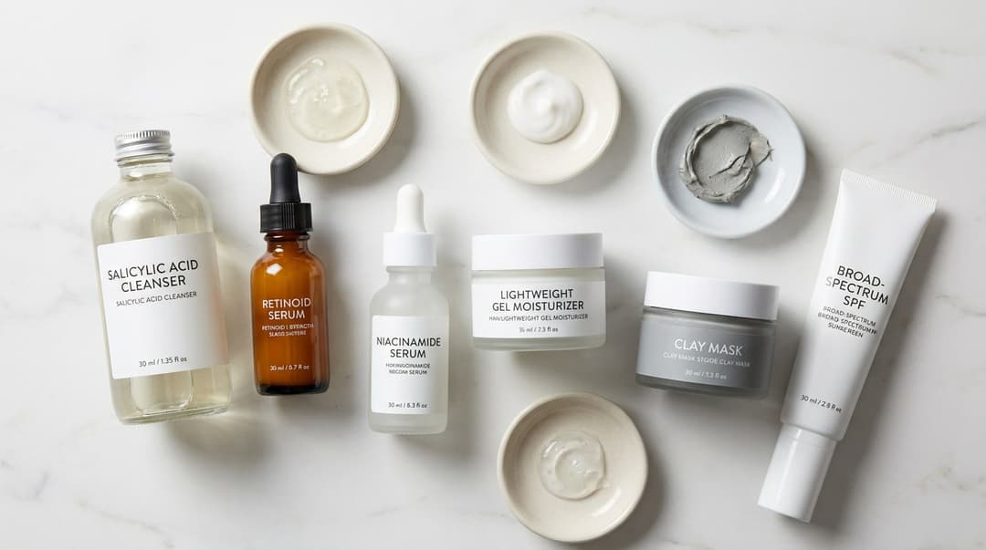 Flatlay of skincare products for minimizing the look of pores including cleanser, serums, moisturizer, clay mask, and sunscreen
