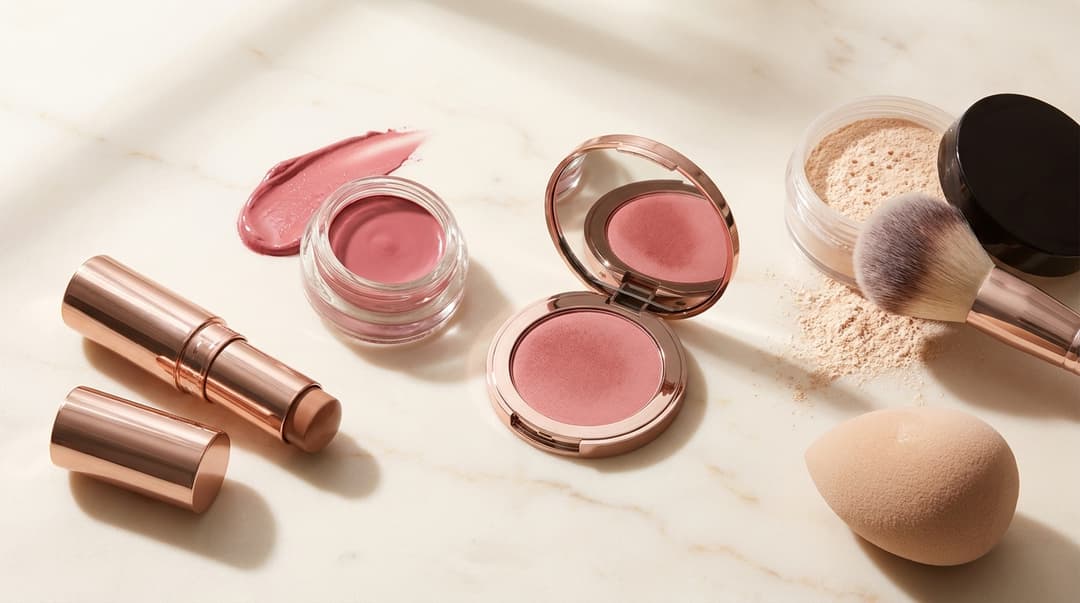Cream and powder makeup products with contrasting texture swatches.