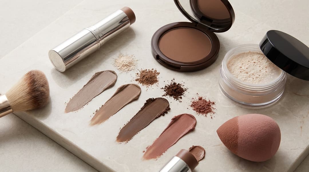 Cream and powder contour products with tools, textures, and neutral shade swatches.