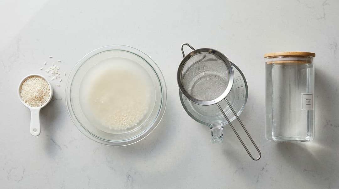 Rice, cloudy soaking water, strainer, and container for preparing a rice-water rinse