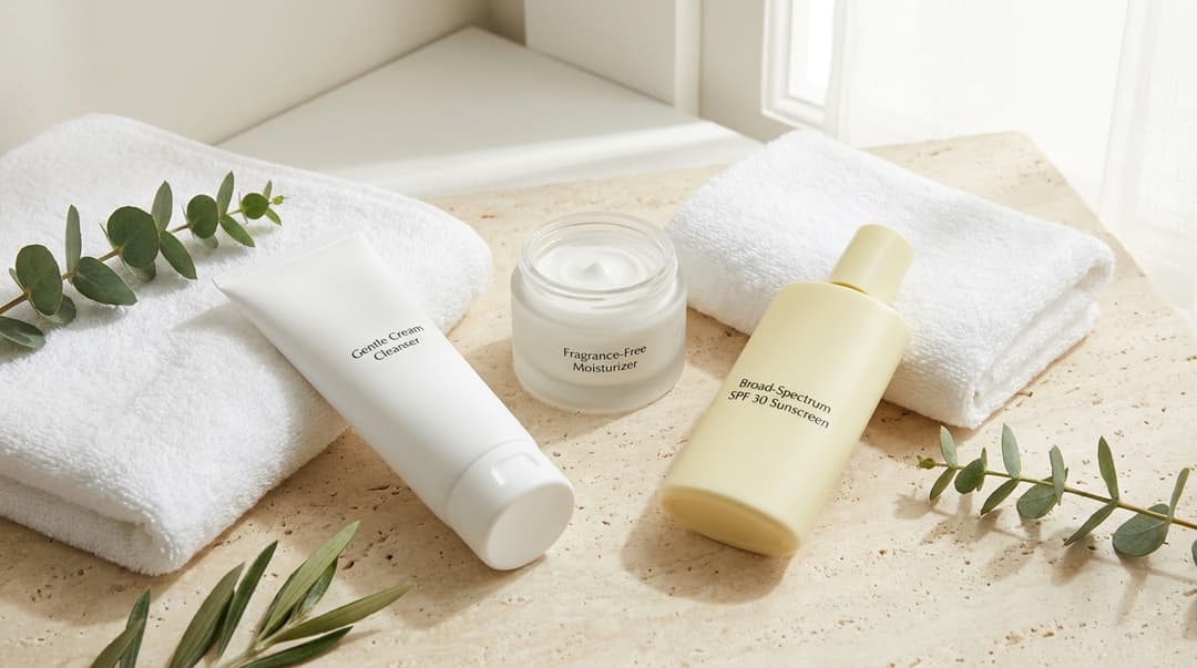 Gentle cleanser, moisturizer, and SPF 30 sunscreen arranged in a minimalist flatlay.