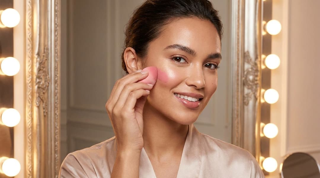 Woman blending cream blush into a naturally dewy makeup look.