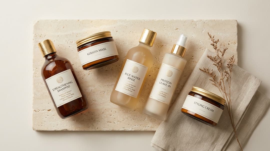 Flatlay of protein-rich hair products and common protein ingredients.