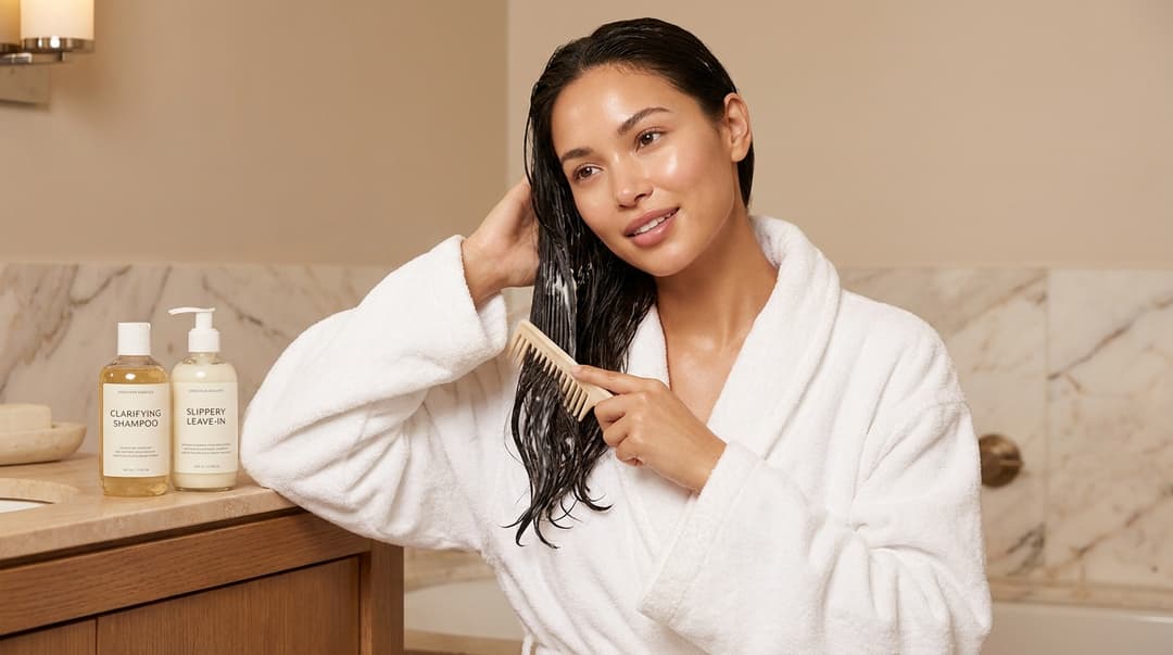 Woman applying protein-free conditioner and gently detangling damp hair.