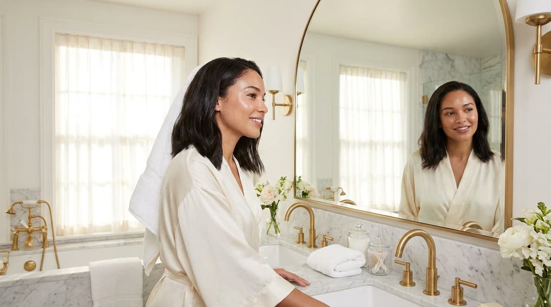 Woman admiring her clean, glossy hair in a bright bathroom mirror.