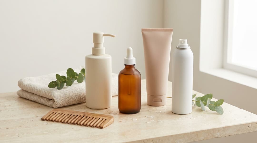 Gentle shampoo, clarifying shampoo, conditioner, and dry shampoo arranged on ivory stone.